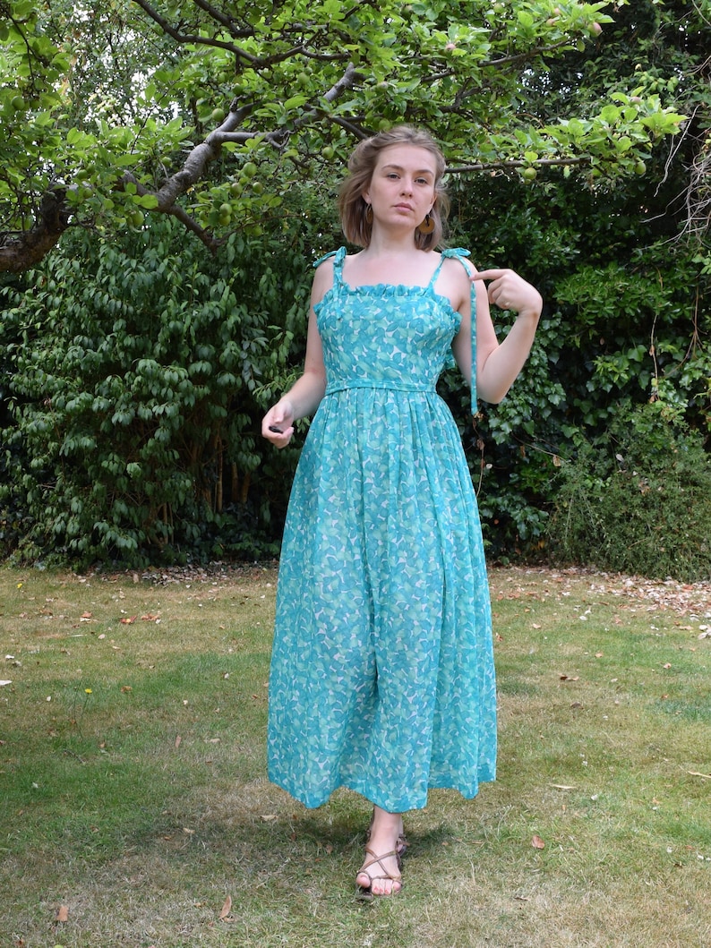 70s Green Cotton Maxi Dress. Extra Small / 24 Waist. Floral, Feminette Models image 1