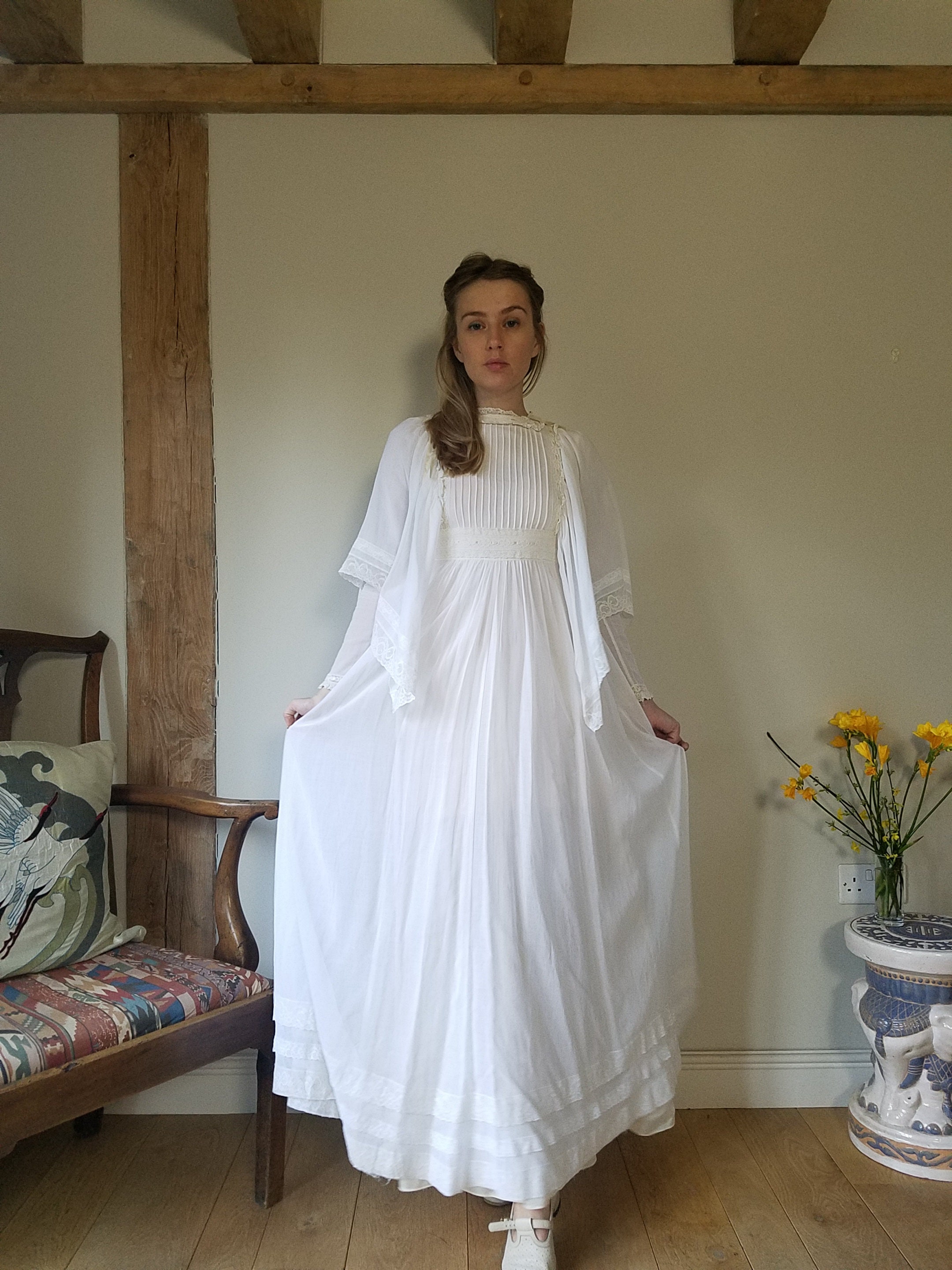 エジック　Overbaked millefeuille 2way dress 70s Gina Fratini Cotton Voile Maxi Dress. Size Small - 32