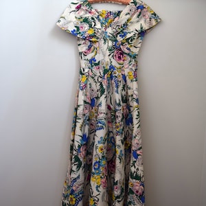 1940s Floral Evening Dress. 27 Waist. Gathered, Shawl Collar, Circle Skirt. image 4