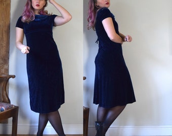 90s Crushed Velvet Evening Dress. Size Medium. Navy Blue, Cowl Neck, Midi. Amy Beyer.