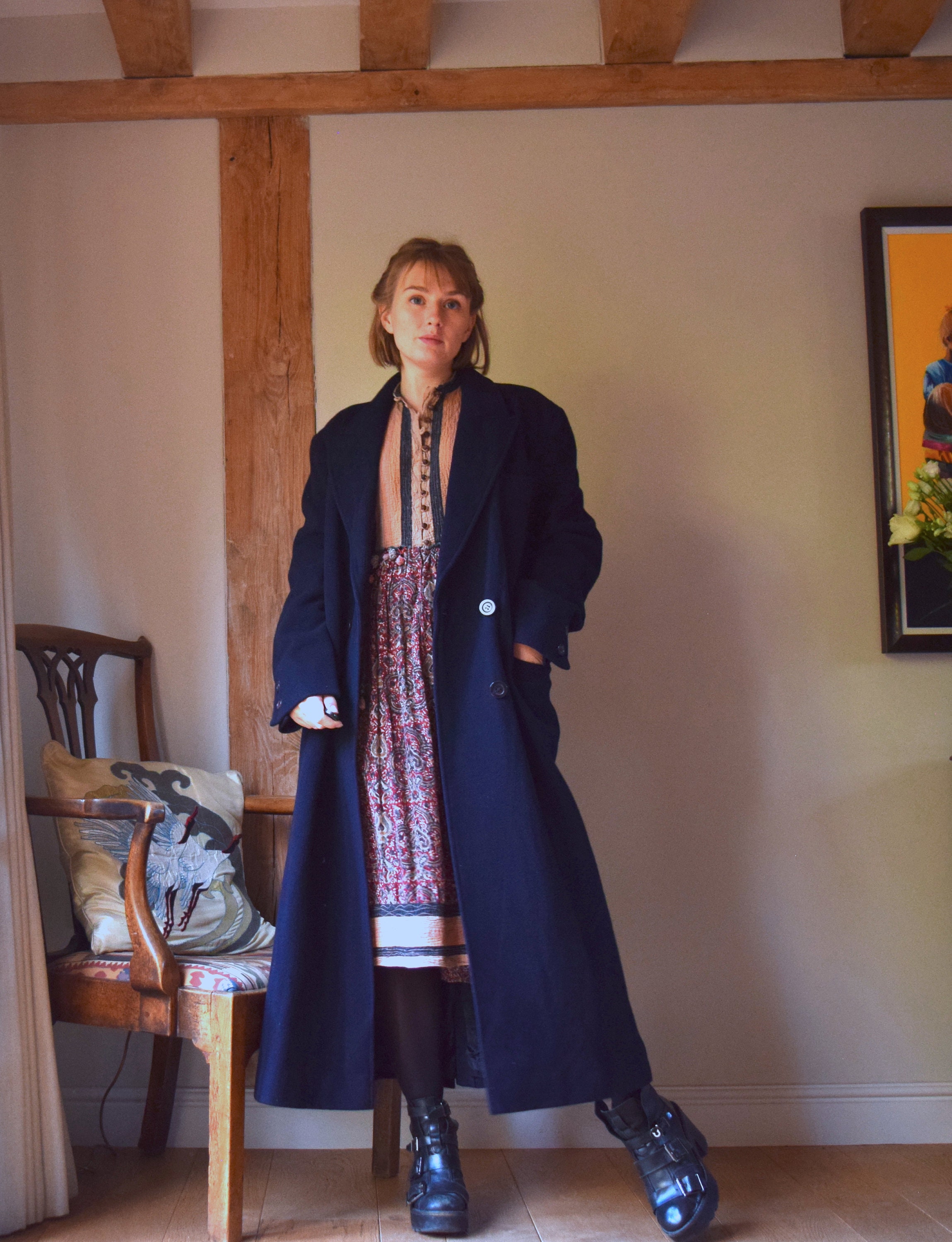 美品ローラアシュレイ紫 ダブルブレストウール ロングコート 80年代のローラ アシュレイ カシミア ミックス ネイビー コート
