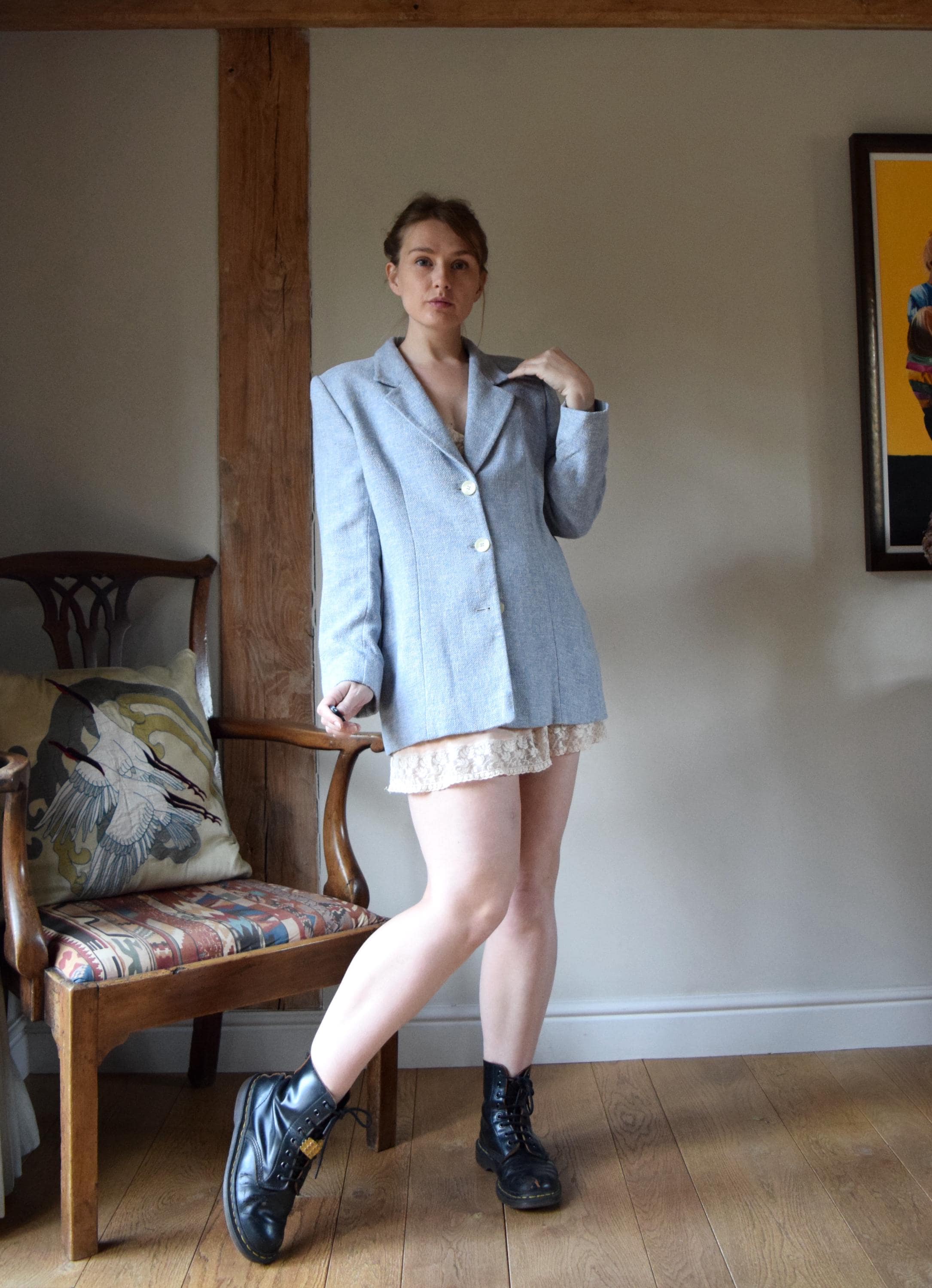 90s Valentino Miss V Silk Tweed Jacket. Size 48/14. Pale Blue