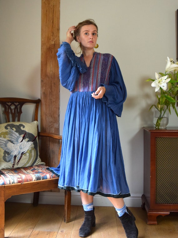 70s Gauze Indian Cotton Midi Dress. AS SEEN. Size Large. Block  
