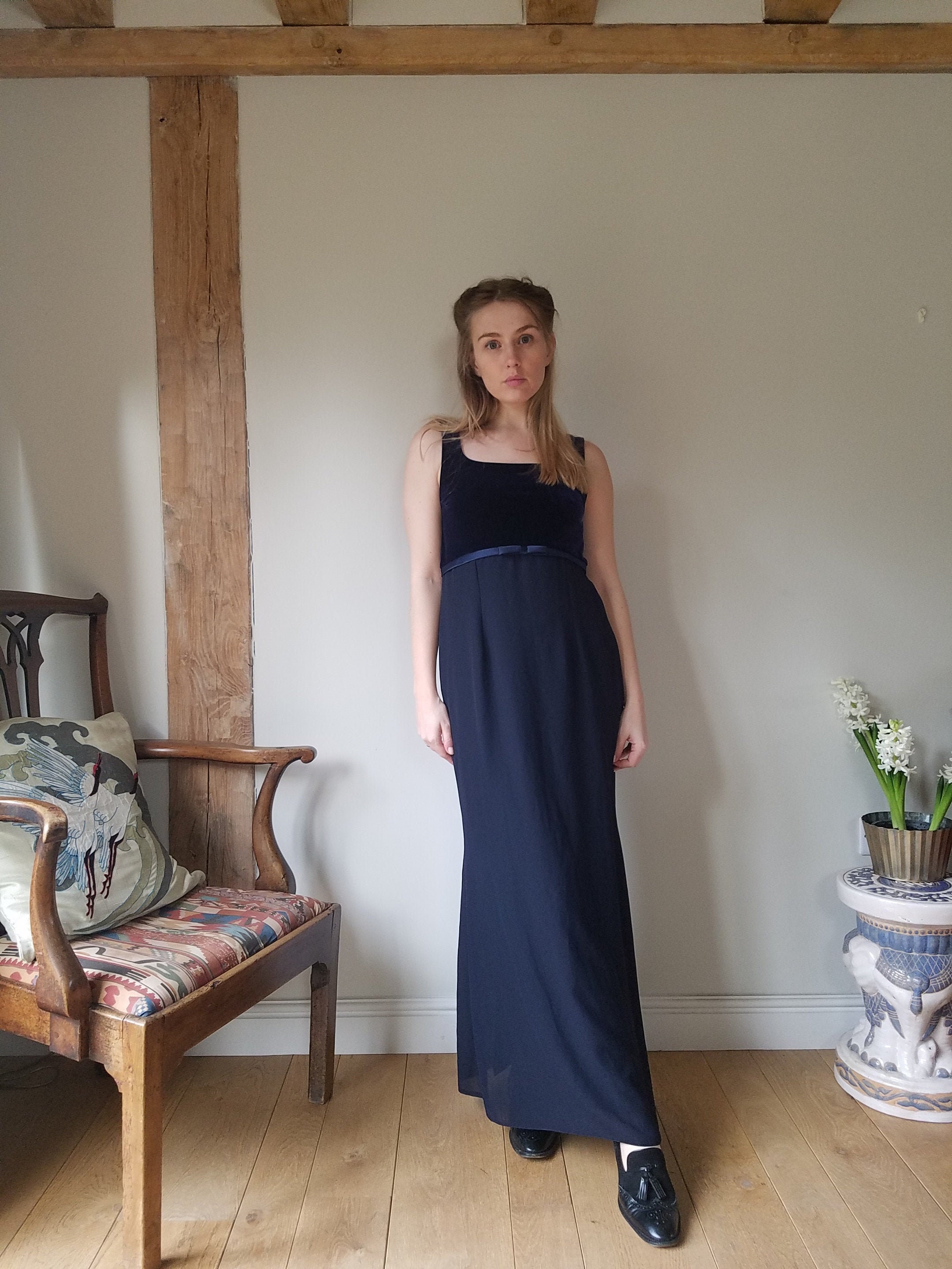 90s Square Neck Maxi Dress. Medium 30 Waist. Navy Chiffon Velour. Shift Evening Etsy