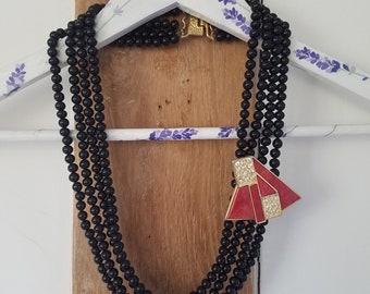 Vintage 80s Rita Frascione Chunky Black Necklace. Geometric Red Marble Texture Detail. Black. Four String. Gold Tone. Italian