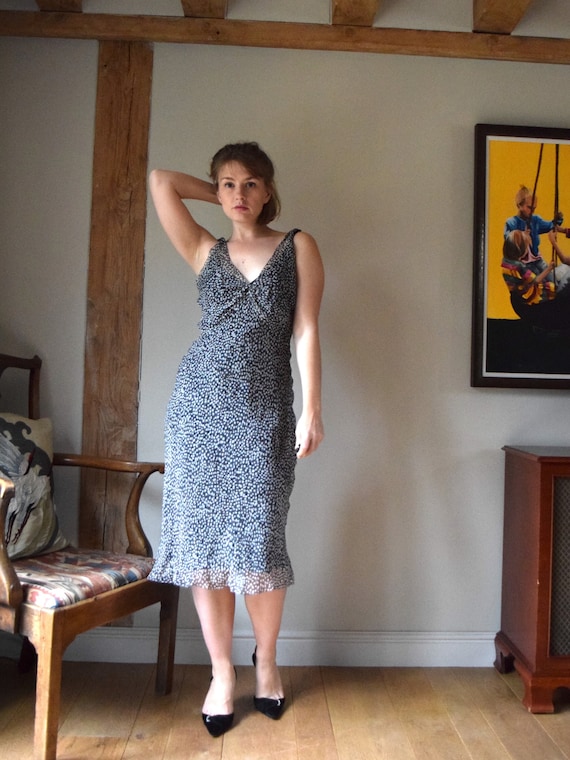 90s Silk Chiffon Bias Cut Dress. Size 12. Fully Lined with Silk. Grey, Midi, Hobbs