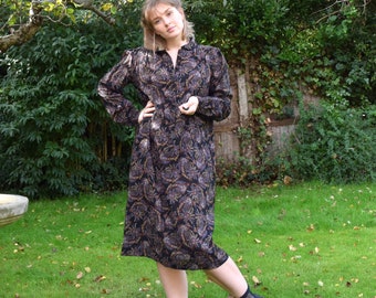 60s Hardy Amies Paisley Shirt Dress. Size L. 100% wool. Midi, Tunic