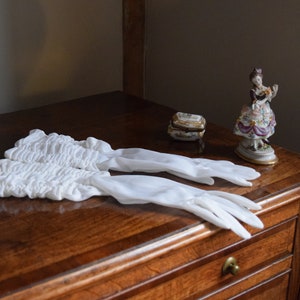 60s Elbow Length Ruched Sheer Gloves. Gathered, Elastic, Stretch. White