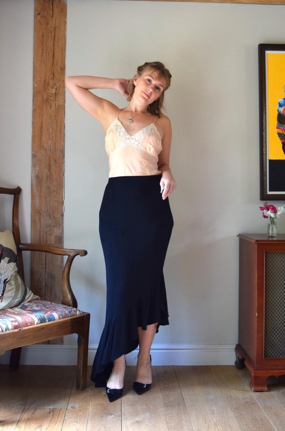 Jean Muir, 70s Jean Muir Asymmetric Skirt. UK 12. Black Viscose Jersey, Maxi, Stretch
