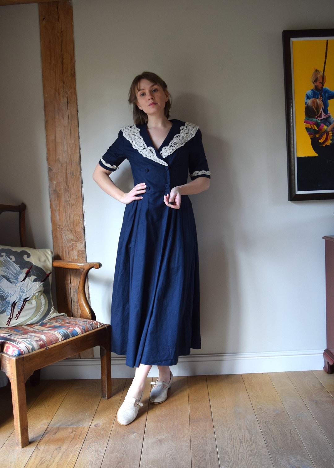 80s Laura Ashley Sailor Collar Linen Dress. UK 12. Cotton Mix, Navy