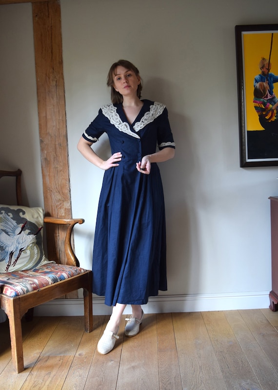 80s Laura Ashley Sailor Collar Linen Dress. UK 12… - image 1