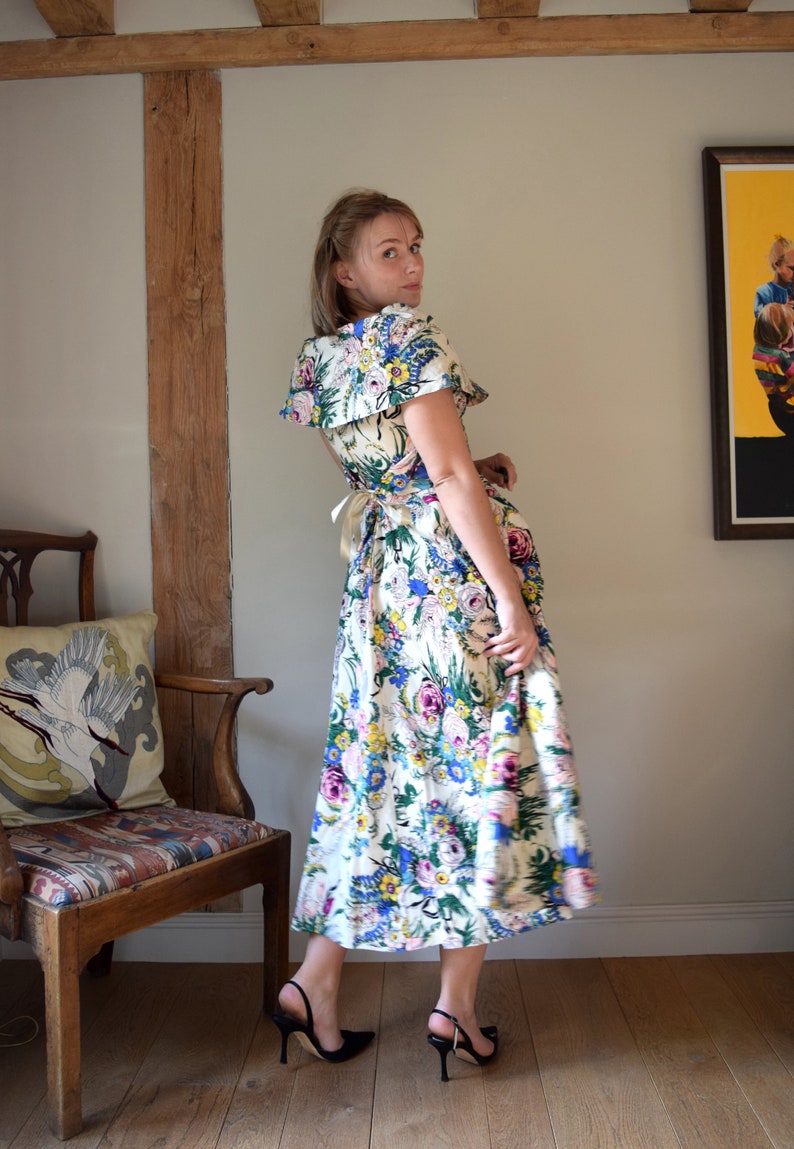 1940s Floral Evening Dress. 27 Waist. Gathered, Shawl Collar, Circle Skirt. image 2