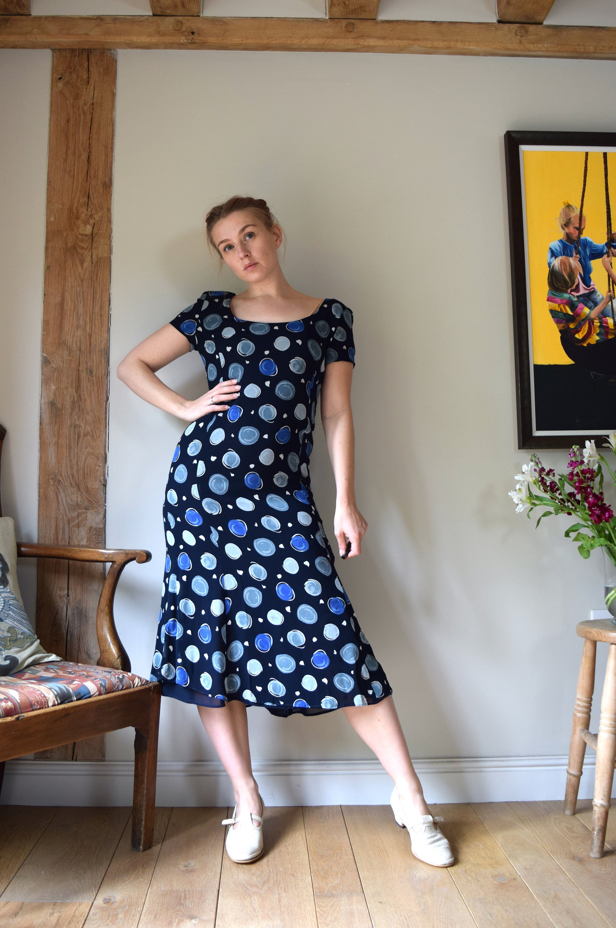 Vintage Jaeger Midi Dress. UK 10. Large Blue Spots, 80s 90s