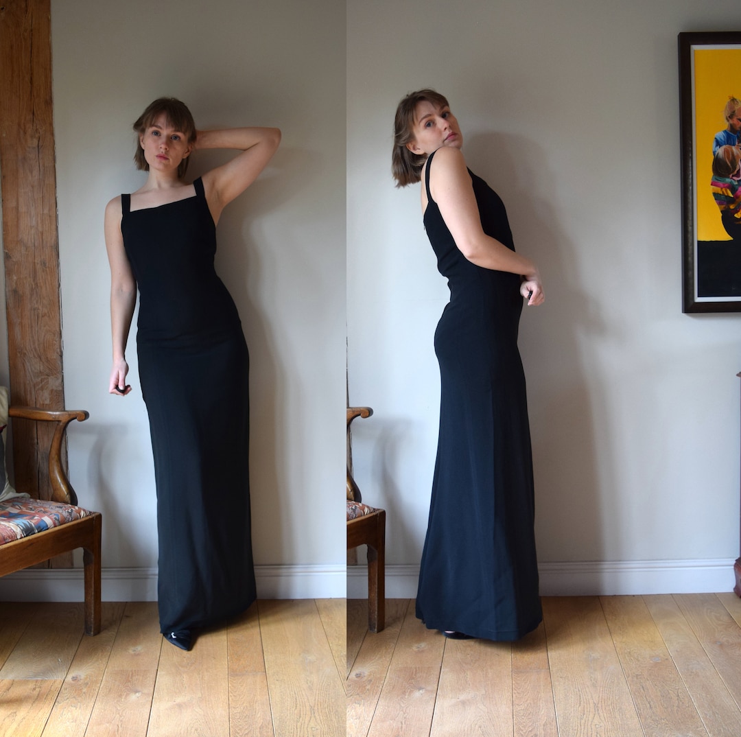 90s Valentino Black Evening Dress. Size IT 42. Crepe, Square Neck