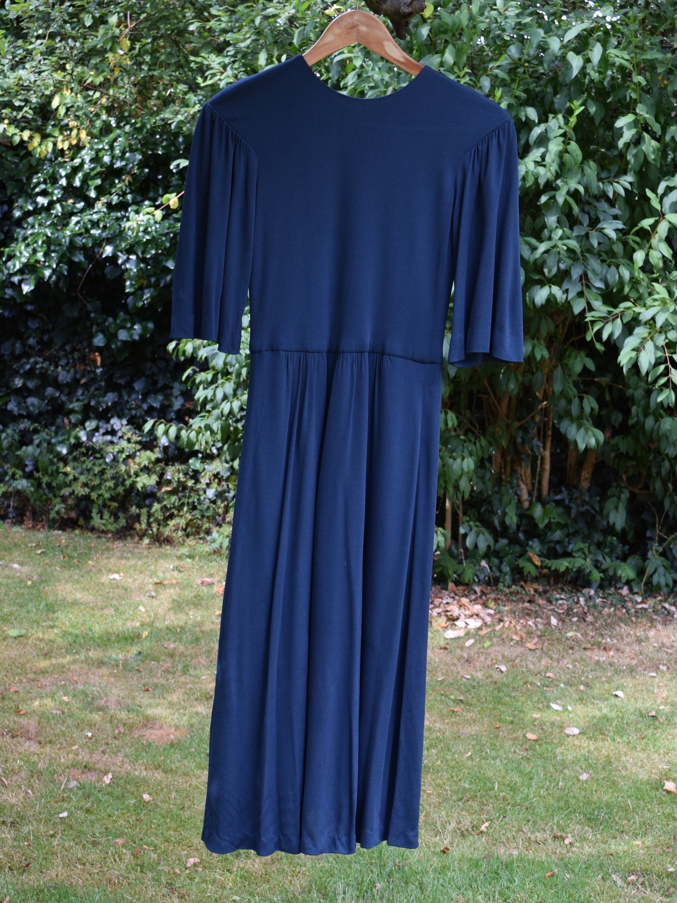 70s Gina Fratini Blue Crepe Dress. Size 10 / 27" Waist. Butterfly Sleeves, Midi