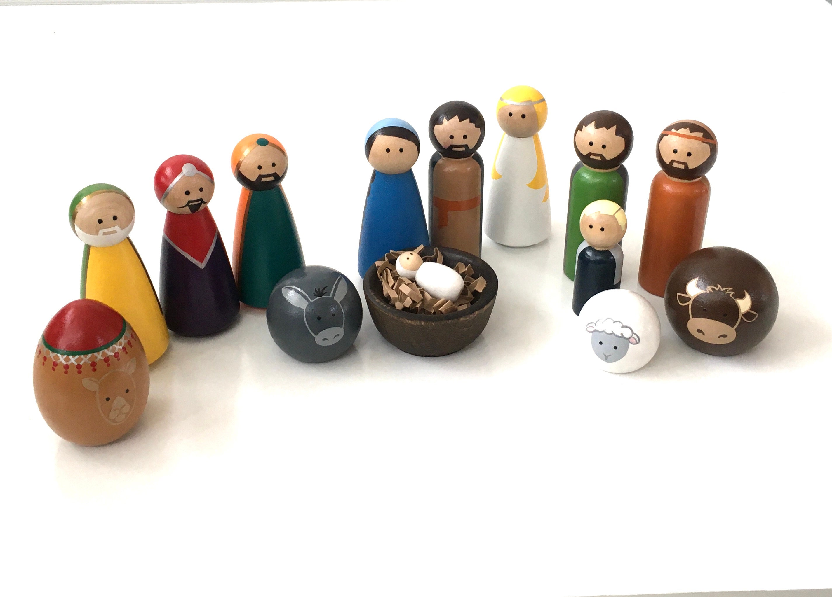 Diverse, kid friendly peg doll nativity set, Holy Family, Mary, Joseph and Jesus, Diverse