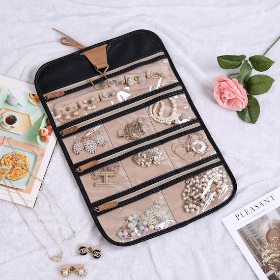 Personalized Jewelry Organizer Medium Roll up Detachable Earrings Rings Bar  Necklace Pouches Leather Case Women Travel Bag 9 Colors -  Israel