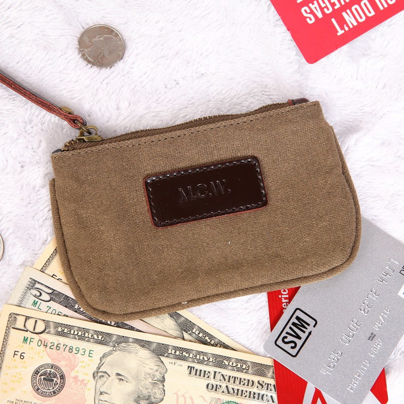Personalized Waxed Canvas /& Leather Hand Made Coin Pouch Everyday Multi Purpose Bag Wallet Travel Organizer Great Gift For Her Green Color