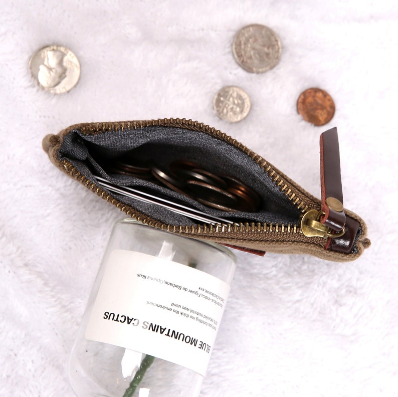 Personalized Waxed Canvas /& Leather Hand Made Coin Pouch Everyday Multi Purpose Bag Wallet Travel Organizer Great Gift For Her Green Color
