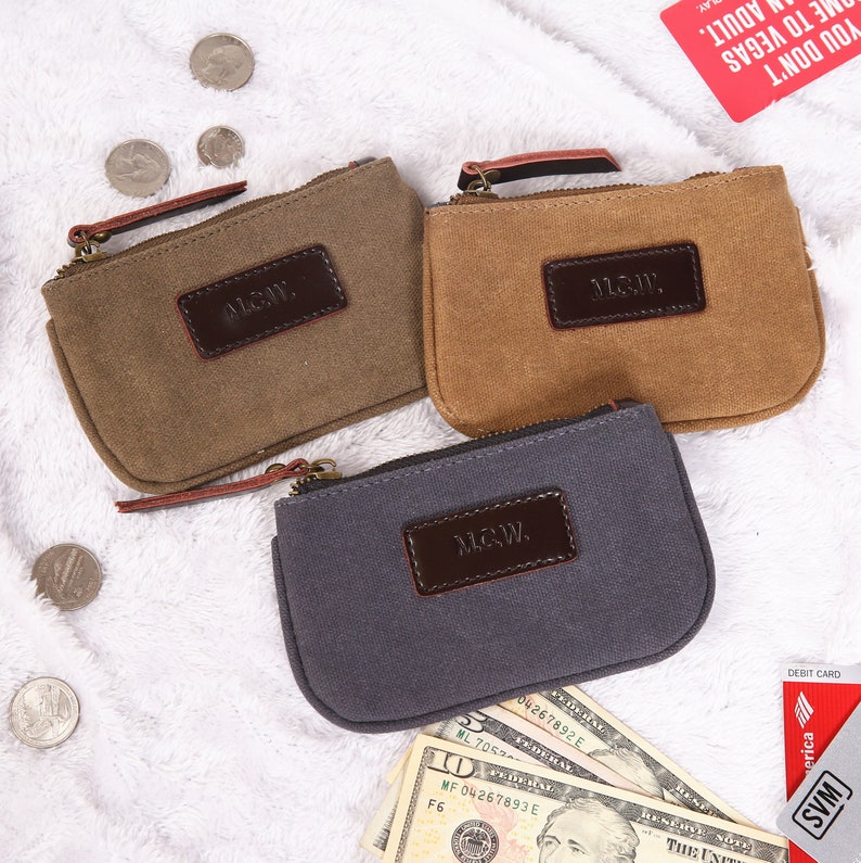 Personalized Waxed Canvas /& Leather Hand Made Coin Pouch Everyday Multi Purpose Bag Wallet Travel Organizer Great Gift For Her Green Color