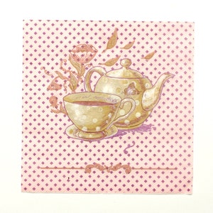May include: A pink and white polka dot background with a gold teapot and teacup with a floral design. The teapot and teacup have a white polka dot pattern.