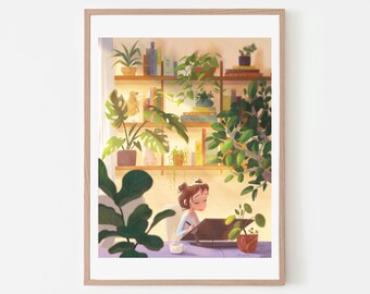 Op de afbeelding: Een digitale illustratie van een vrouw die aan een bureau zit in een kamer vol planten. Ze werkt op een tablet en er staat een kopje koffie op het bureau. De kamer heeft een boekenkast vol boeken en planten.