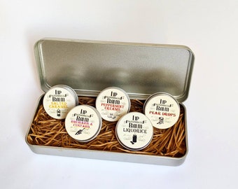 Lip Balm Gift Set, 5 Retro Sweets Inspired Lip Balms in a Gift Tin