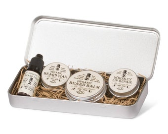 Organic Beard Oil, Balm and Moustache Wax and Whiskey Lip Balm. Gents Gift Set by Revered Beard