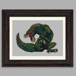 May include: A framed illustration of a green, reptilian creature with sharp teeth and claws, roaring with its mouth open. The creature is depicted in a dynamic pose, with its tail curled around its body.