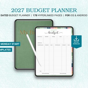 Planificador de presupuesto digital 2027 para GoodNotes: Presupuesto por nómina, ahorros, control de deudas y gastos.