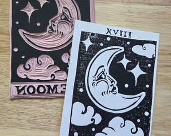 Vintage Moon Tarot Card -Linocut Print Pomegranate Greek Myth Art Print