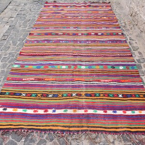 Vintage Turkish Runner Rug, Colorful Striped Pattern, 6x11ft, Handwoven Anatolian Kilim, Bright Rustic Home Decor Carpet