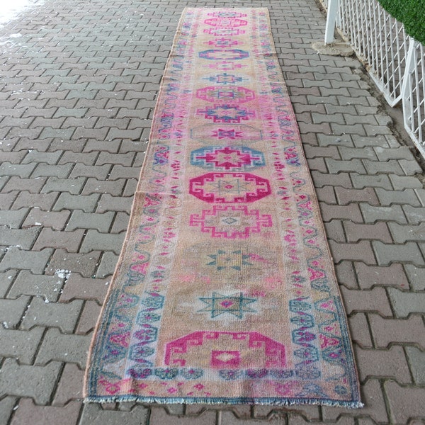 Extra Long Runner Rug 2.8' x 15.3' PINK RUG, rug, hallway rug, turkish rug, interior rug, hallway rug, kitchen rug, vintage rug, Code 3129