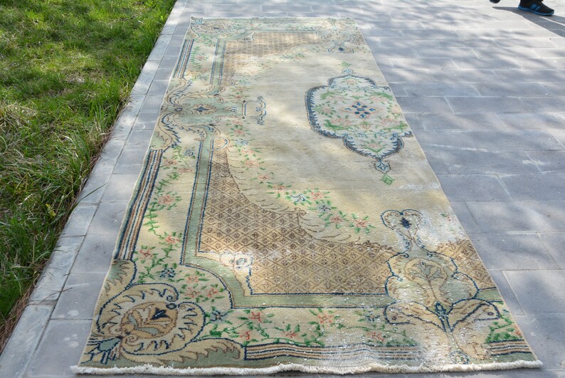 Antique Turkish Rug Oushak Rug 3.9' X 10.5' Vintage Anatolian Wool Rug