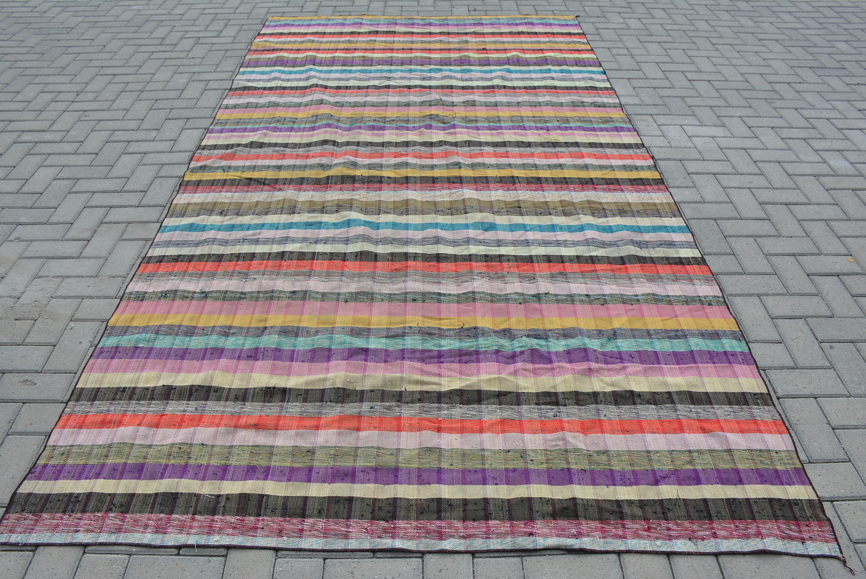 Vintage Turks kelimtapijt, handgeweven tapijt, groot Turks tapijt, kleurrijk gestreepte kelim, 180 x 338 cm, woonkamertapijt