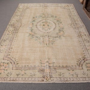 Vintage Rug, Turkish Rug, 6x10 Large Rugs, Muted Oushak Rug, Rugs For Living Room, 5.9x9.4 ft Beige Rug, Hand-Knotted Wool Area Rug,