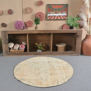 Small Rug, Turkish Rug, Vintage Rug, Round Rug, Antique Rug, Rugs For Bedroom, 3.8x3.9 ft Beige Rug, Faded Oushak Rug, Wool Bath Mat,  13803