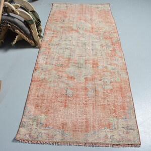 Vintage Turkish Runner Rug, Distressed Area Rug, Anatolian Hallway Carpet, 92x225cm, 3x7ft, Bohemian Decor, Orange Pastel Oushak Rug