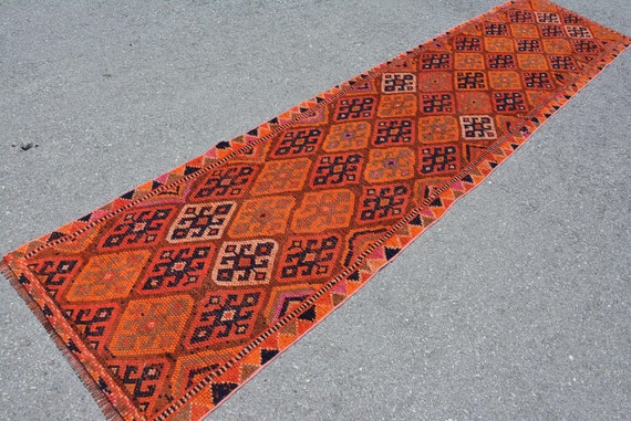 Herki Rug 32x113 inches Orange Carpet 3810 Antique Carpet Vintage Rug Turkish Rug Organic Kitchen Rugs Runner Carpet
