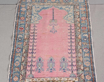 Turkish Prayer Rug 2.2x3.5 ft, Pink Blue Geometric Vintage Rug, Islamic Rug, Decorative Kayseri Rug, Organic Wool Rug