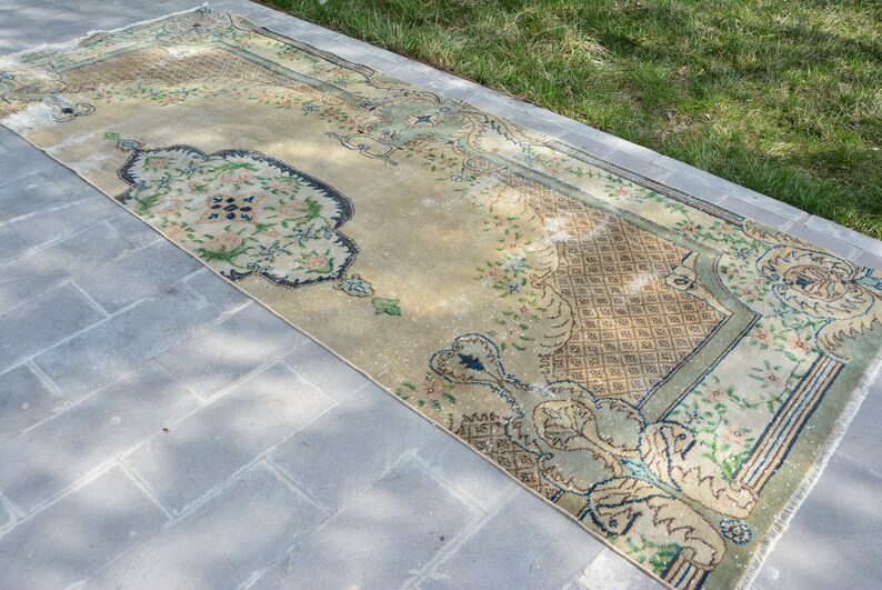 Antique Turkish Rug Oushak Rug 3.9' X 10.5' Vintage Anatolian Wool Rug