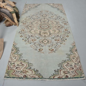 Vintage Turkish Area Rug, Light Blue and Beige, Floral Medallion Design, 4x8ft, Handwoven Carpet, Bohemian Home Décor.
