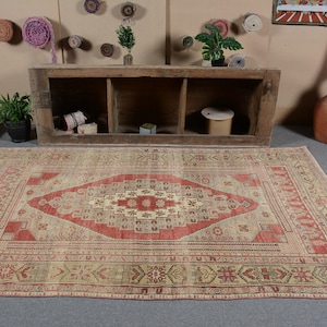 Vintage Turkish Area Rug, 5x8ft, Red and Beige Medallion Design, Traditional Home Decor Rug