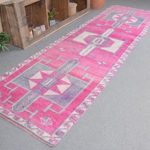 Vintage Turkish Runner Rug, Pink Geometric Pattern, 3x12ft, Colorful Bohemian Hallway Decor, Handwoven Oriental Carpet, Unique Home Accent