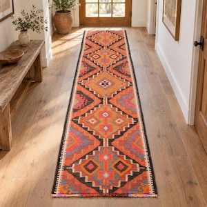 Herki Rug, Orange and Black, 2.9 x 11.4 ft Vintage Geometric Kilim Rug, Handwoven Flatweave Hallway Entryway Runner