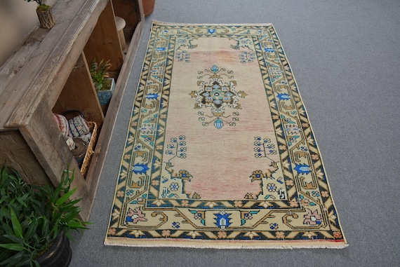 Vintage Turkish Rug, 3x6 Ft Anatolian Accent Rug, Beige Muted