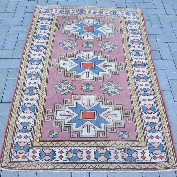 Rugs For Entry, Turkish Rug, Anatolian Rug, 3.4x5 ft Accent Rug, Vintage Rug, Pink Home Decor  Rug, Vintage Accent Rug