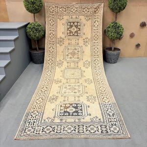 Beige and Brown ushak rug, Bordered knotted wool rug, dining room rug, 4.6 x 11.4 ft, Vintage Turkish Hand Knotted