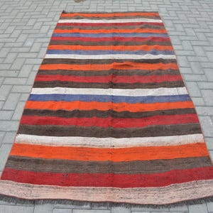 Vintage Turkish Kilim, Striped Kilim, Multicolor Rug, Handwoven Carpet, Bohemian Decor, 124x252cm, 4x8ft