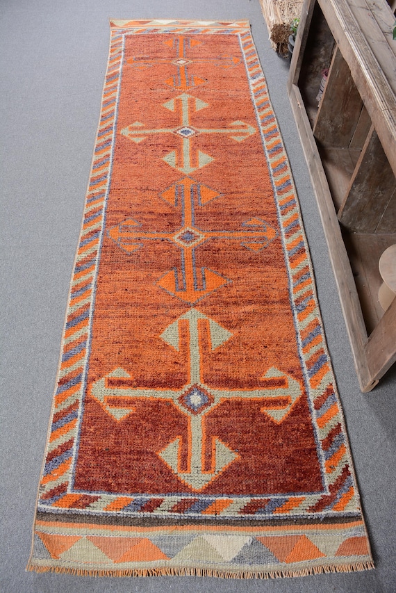 Vintage Teppich 100x300, Handgeknüpfter Teppich, Kelimteppich